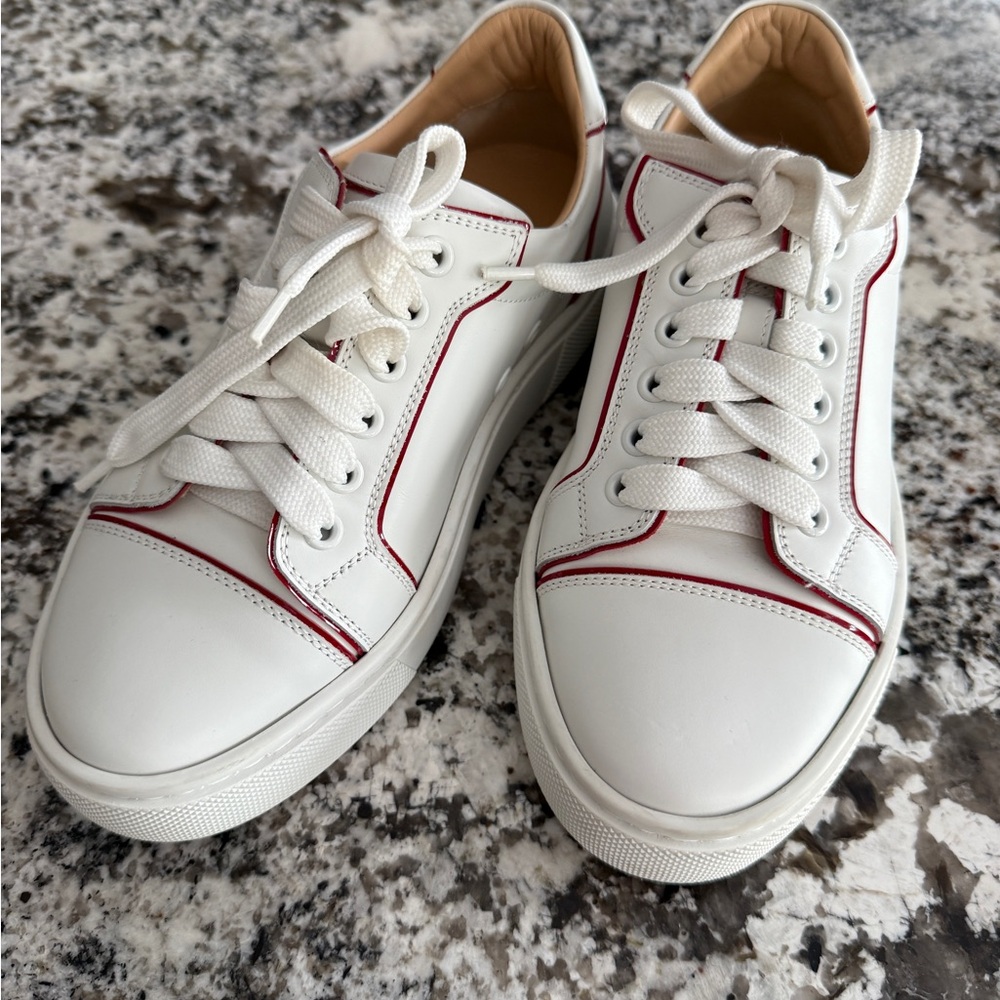Christian Louboutin White and Red Leather Sneakers Size 5 / 35